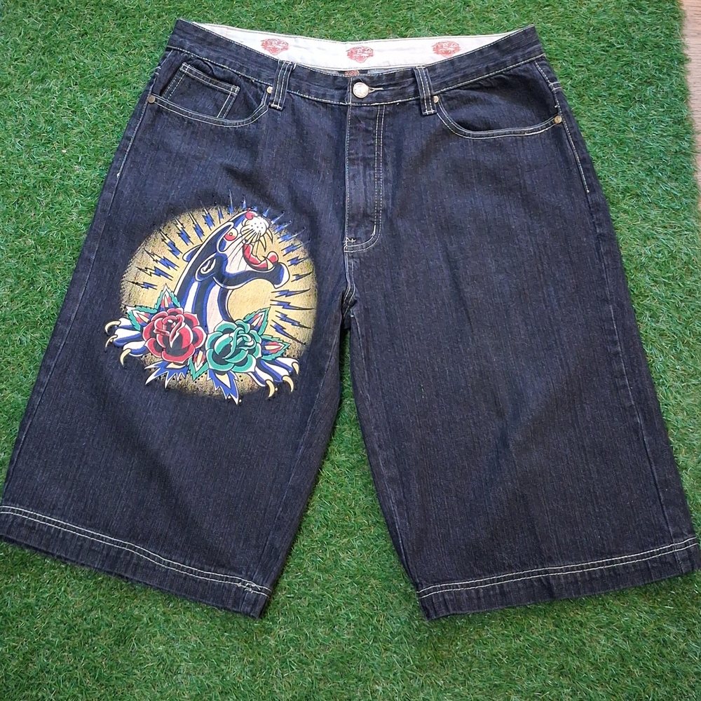 Dark Denim Men's Shorts with Graphic Panther and Roses